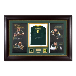 Framed Bryan Habana signed limited edition mini Springbok jersey